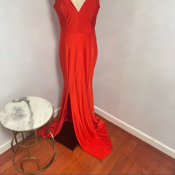 # Windsor Bright Red V Neck / V Back Stretchable Long Dress - Picture 6 of 15